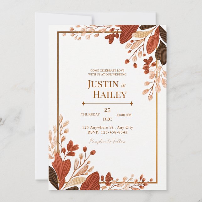 Convites Terracotta Line Leaf Gilded Botanical Wedding (Frente)