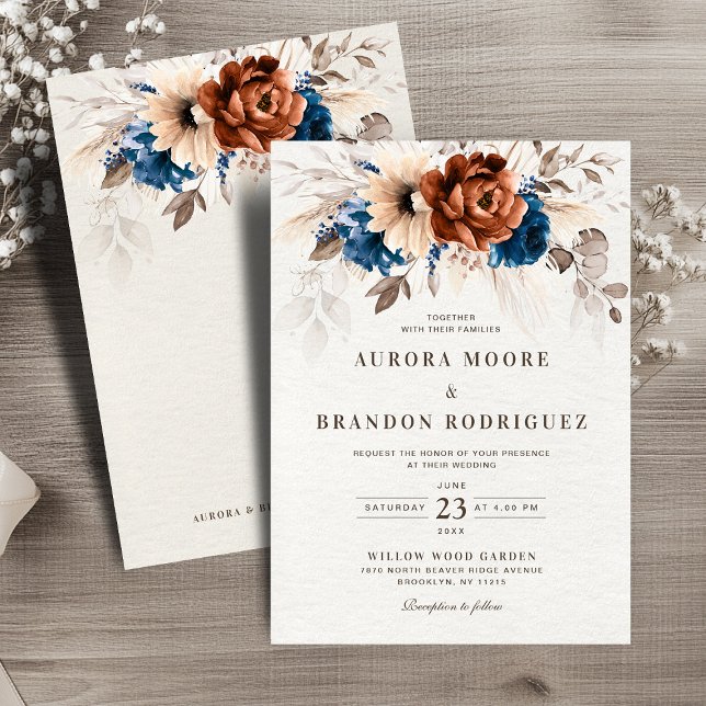 Convites Terracotta Marinho Azul Pampas Grass Botânica Wedd (Terracotta Navy Blue Pampas Grass Botanical Wedding Invitation)