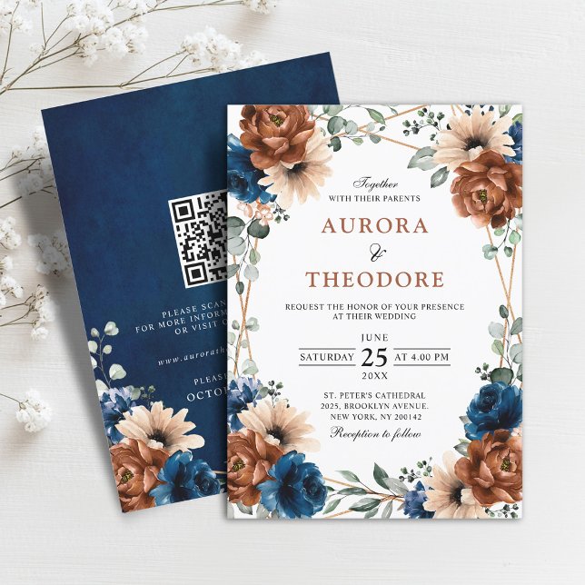 Convites Terracotta Marinho Greenery Geométrico Casamento C (Terracotta Navy Blue Greenery Geometric Wedding QR Code Invitation)