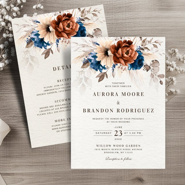 Convites Terracotta Marinho Pampas Grass em Um Casamento (Terracotta Navy Pampas Grass All in One Details Wedding Invitation)