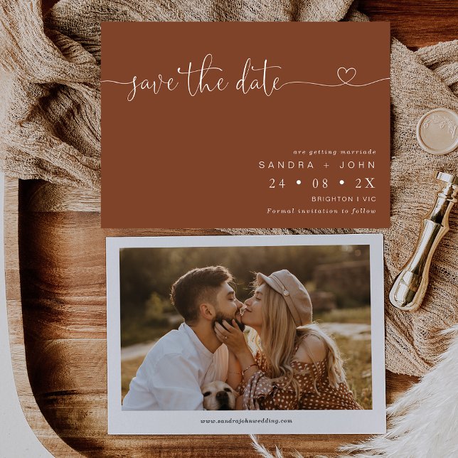 Convites Terracotta Minimalist Heart Save The Date Card (Minimalist terracotta and calligraphy with heart wedding save the date with photo on the back.)