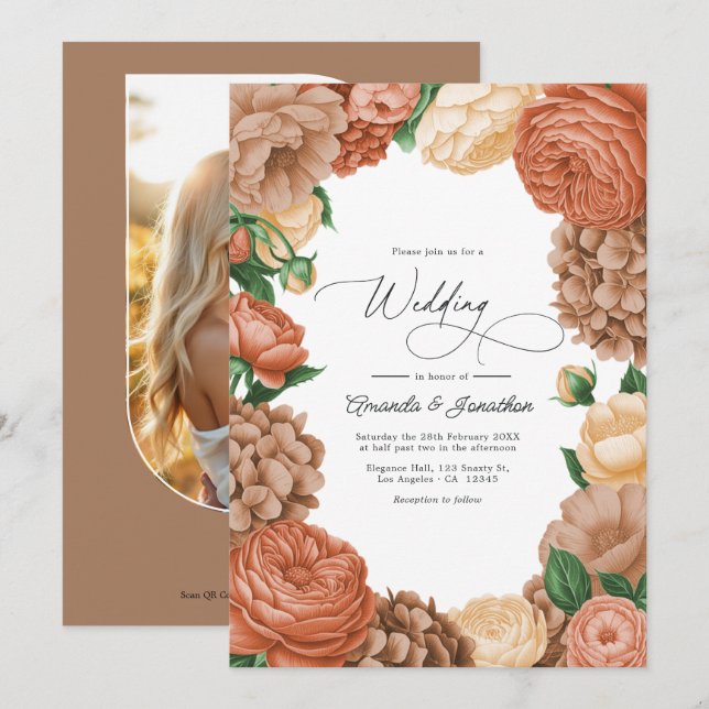 Convites Terracotta, Mocha & Champagne Floral Wedding (Frente/Verso)