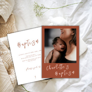 Convites Terracotta Modern Script Baby Photo Baptism