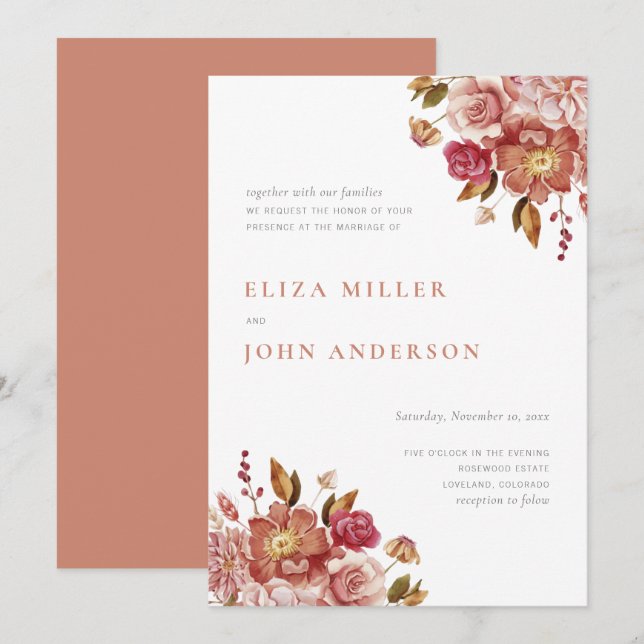 Convites Terracotta Moderna Rustic Watercolor Casamento Flo (Frente/Verso)