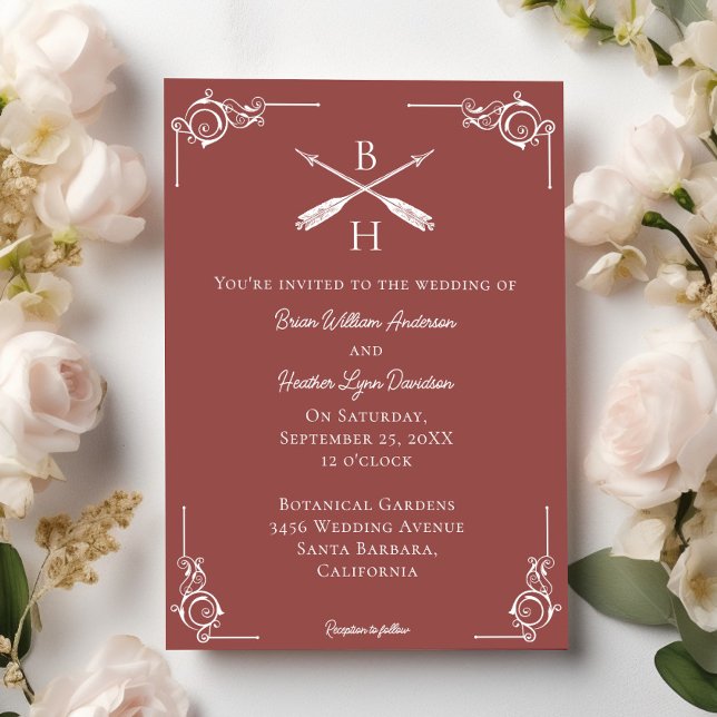 Convites Terracotta Monograma e Arrows Casamento (Terracotta Monogram and Arrows Wedding Invitation)