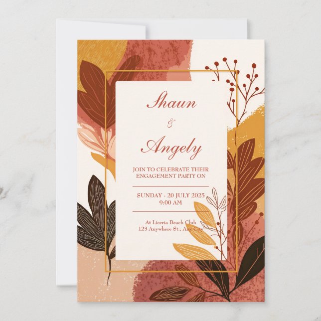 Convites Terracotta Mustard Abstract Leaf Wedding (Frente)