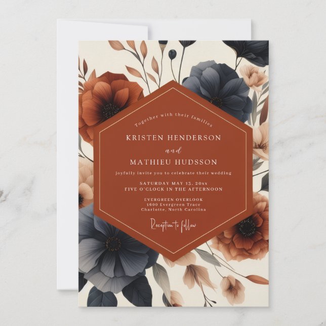 Convites Terracotta Navy Bloom Autumn Wedding (Frente)