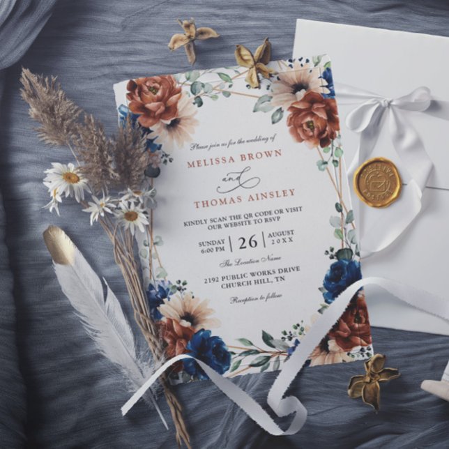 Convites Terracotta Navy Blue Greenery Chic QR Code Wedding (Criador carregado)