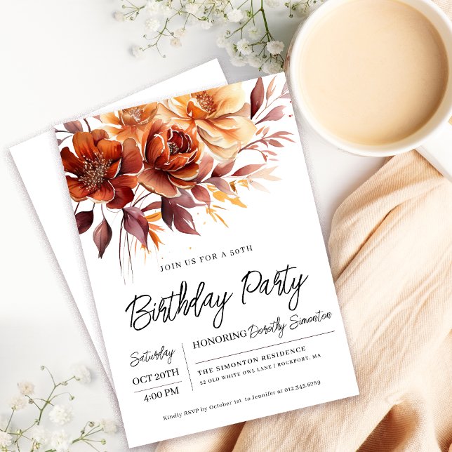 Convites Terracotta Orange Fall Flowers 50º Aniversário (Need a matching fall floral Welcome Sign? Message me!)
