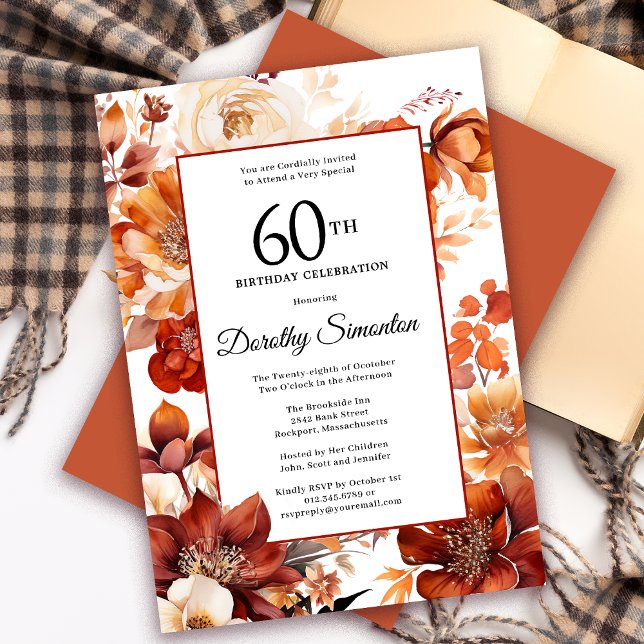 Convites Terracotta Orange Fall Flowers 60º Aniversário (Need a matching autumn floral Welcome sign? Message me! Party supplies available too!)