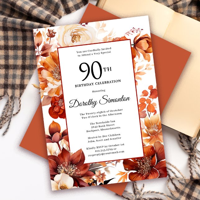 Convites Terracotta Orange Fall Flowers 90 Birthday (Need a matching fall Floral Welcome sign? Message me! Party supplies available too.)