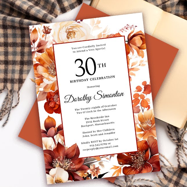 Convites Terracotta Orange Fall Flowers aniversário de 30 a (Need a matching autumn floral Welcome Sign? Message me! Party supplies available too!)