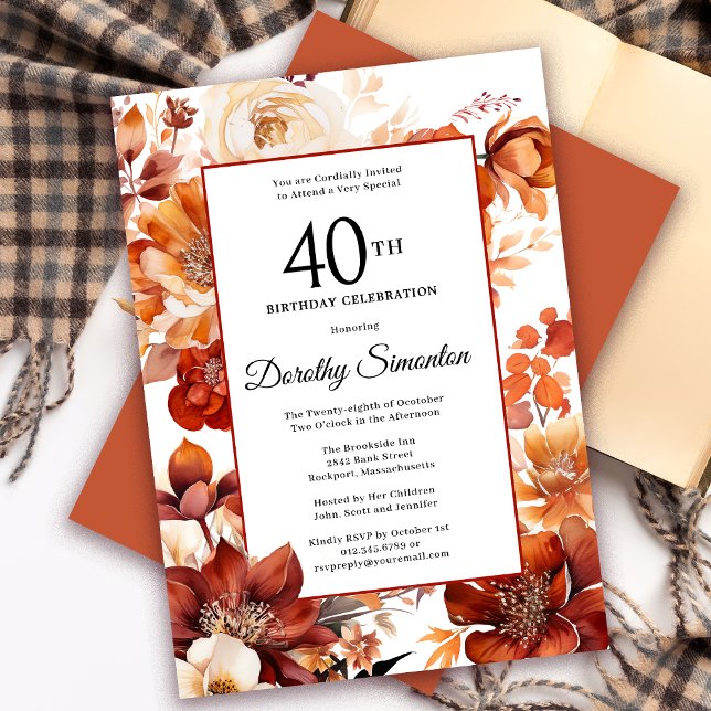 Convites Terracotta Orange Fall Flowers aniversário de 40 a (Need a matching autumn floral Welcome Sign? Message me! Party supplies available too!)