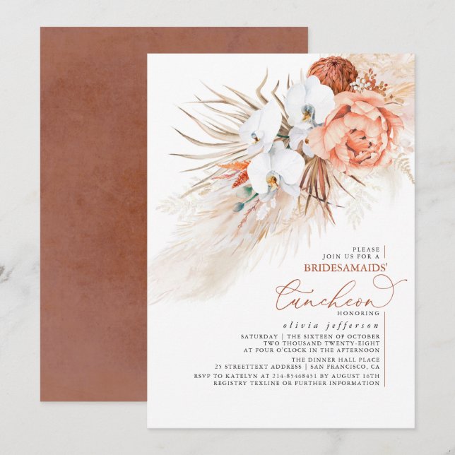 Convites Terracotta Pampas Grass Bridesmaids Luncheon (Frente/Verso)