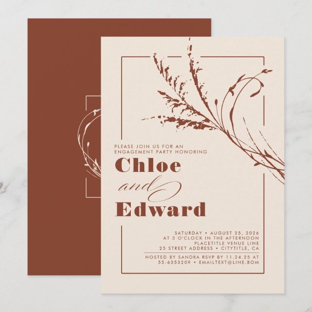 Convites Terracotta Pampas Grass Festa de noivado Moderna (Frente/Verso)