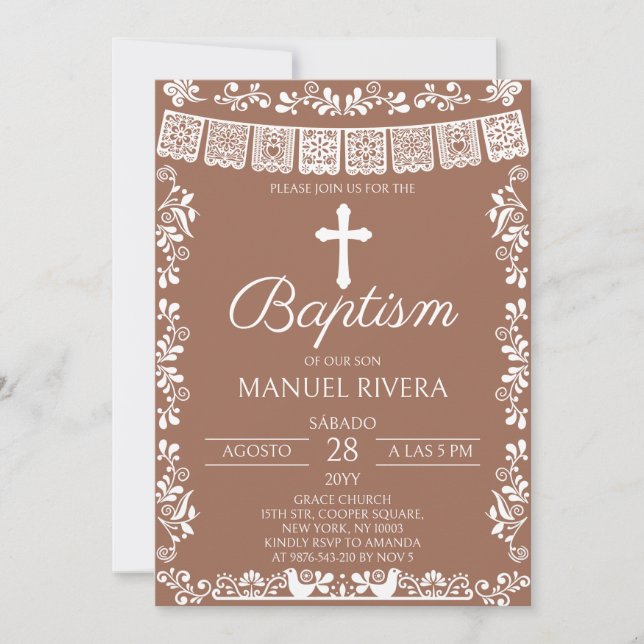 Convites Terracotta Papel Picado Baptism (Frente)