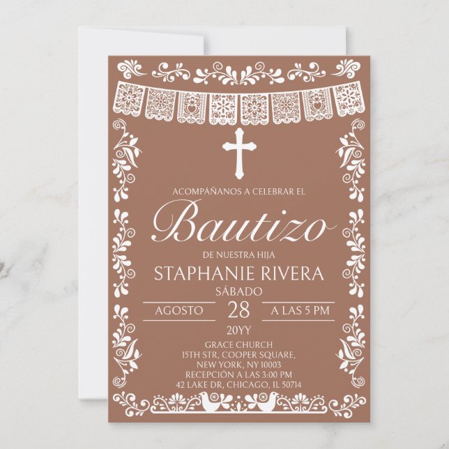 Convites Terracotta Papel Picado Espanhol Bautizo (Frente)