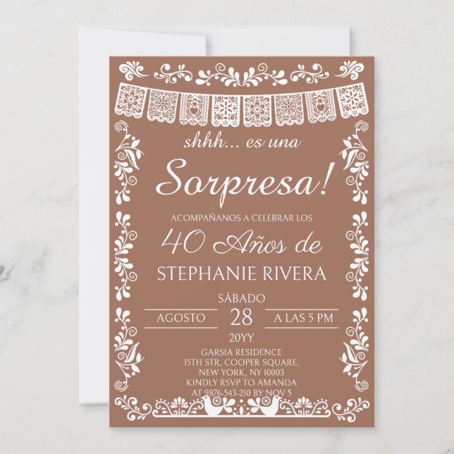 Convites Terracotta Papel Picado Surprise 40th Birthday (Frente)