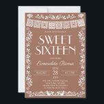 Convites Terracotta Papel Picado Sweet Sixteen Birthday<br><div class="desc">Celebrate your special girl's Sweet Sixteen in unforgettable fiesta style with this stunning Mexican-inspired birthday invitation! Featuring bold "Sweet Sixteen" typography, elegant name script, a white papel picado banner, intricate folk art floral border, and two lovebirds at the bottom on a warm terracotta brown background. A sophisticated and unique design...</div>