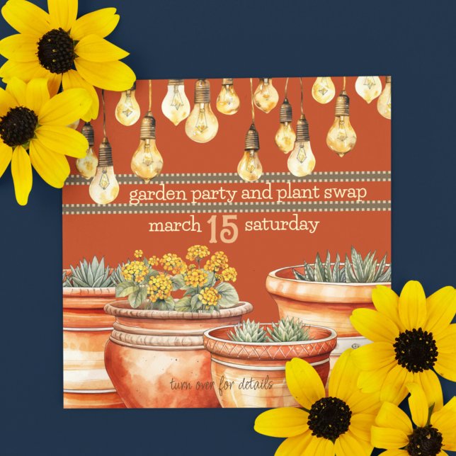 Convites Terracotta Plant Potes e Garden String Lights (Plant swap garden party customizable and downloadable invitation for your spring events. )