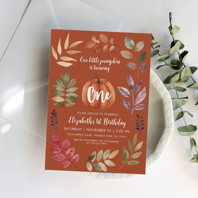 Convites Terracotta primeiro aniversario Watercolor Pumpkin (Criador carregado)
