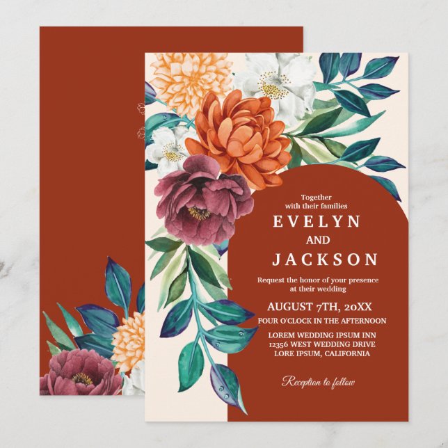 Convites Terracotta queimou casamento outono floral laranja (Frente/Verso)