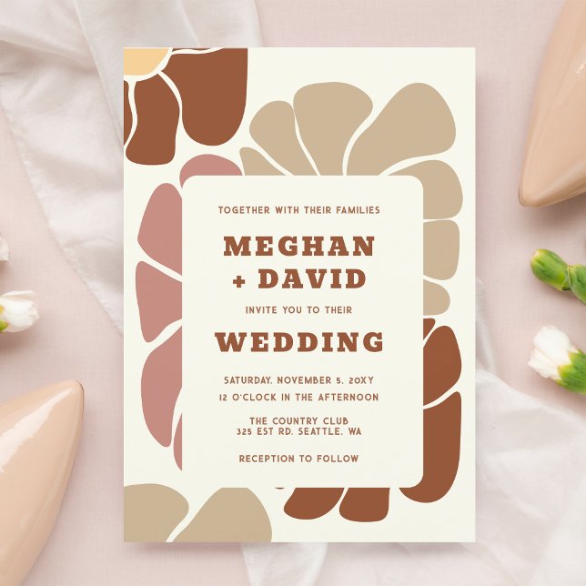 Convites Terracotta Retro Groovy Boho Chic Casamento Floral (Terracotta Retro Groovy Boho Chic Floral Wedding Invitation)