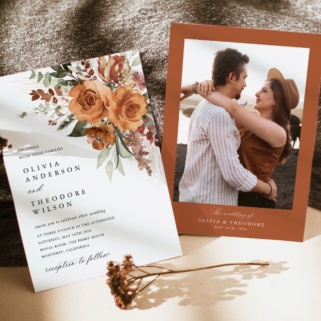 Convites Terracotta Rose Floral Elegant Photo Back Wedding (Bohemian terracotta rose floral photo back wedding invitation with pampas, modern classic typography)