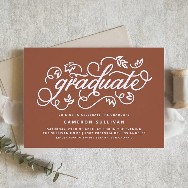 Convites Terracotta Rustic Calliografia Festa de formatura (Boho Terracotta Rustic Calligraphy Graduation Party Invitation)