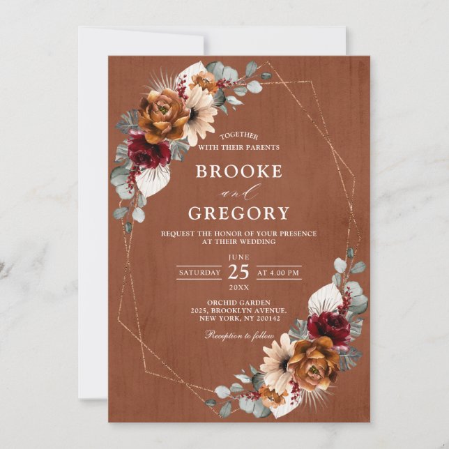 Convites Terracotta Sage Burgundy Greenery Geométrico Weddi (Frente)