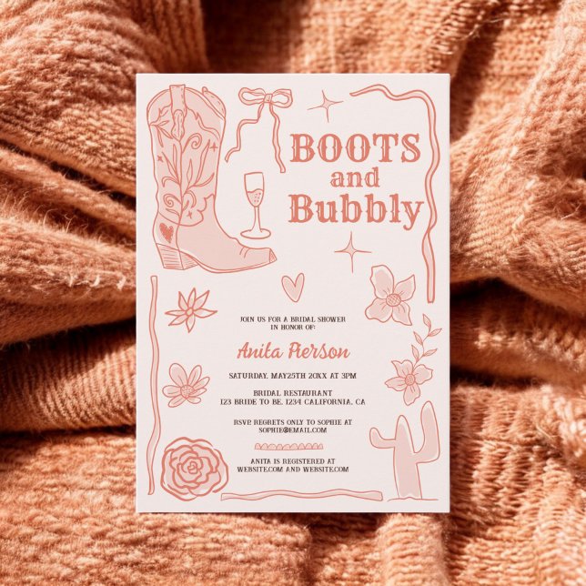 Convites Terracotta scribbles bota chá de panela (Terracotta scribbles boots bubbly bridal shower invitation)