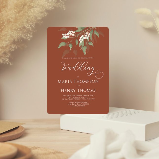 Convites Terracotta Simple Elegant Casamento Floral (Terracotta elegant wedding invitation with watercolor greenery and foliage. )