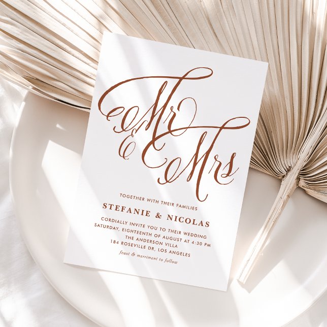 Convites Terracotta Sra. e Sra. Rustic Script QR Code Weddi (Terracotta Mrs & Mrs Rustic Script QR Code Wedding Invitation)