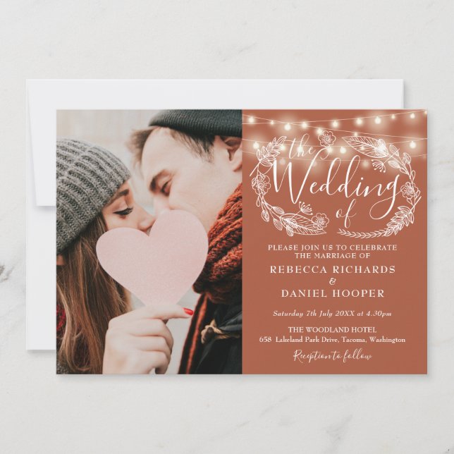 Convites Terracotta String Lights Foto Floral Casamento (Frente)