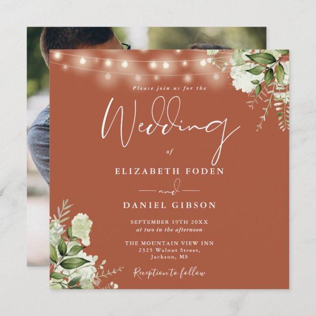 Convites Terracotta String Lights Foto Floral Casamento (Frente/Verso)