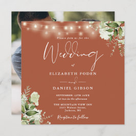 Convites Terracotta String Lights Foto Floral Casamento