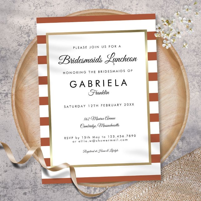 Convites Terracotta Stripe Dourado Bridesmaids Luncheon (Terracotta Stripe Gold Bridesmaids Luncheon Invitation)