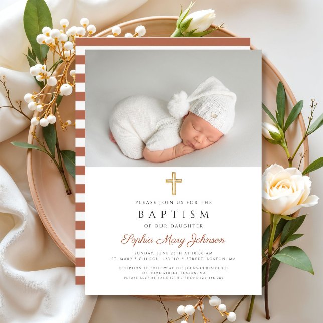 Convites Terracotta Stripes Foto Cruzada Religiosa Batismo (Terracotta Stripes Religious Cross Photo Baptism Invitation)