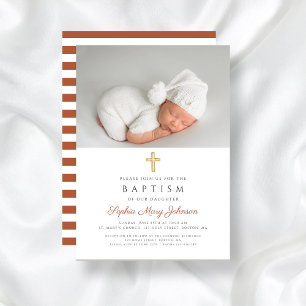 Convites Terracotta Stripes Foto Cruzada Religiosa Batismo
