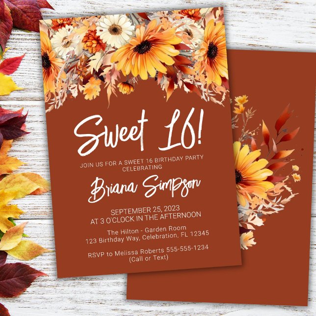 Convites Terracotta Sweet 16 Birthday Fall Floral (Criador carregado)