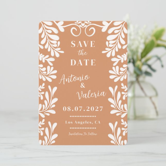 Convites Terracotta Talavera Save the Date Casamento Mexica (Em pé/Frente)