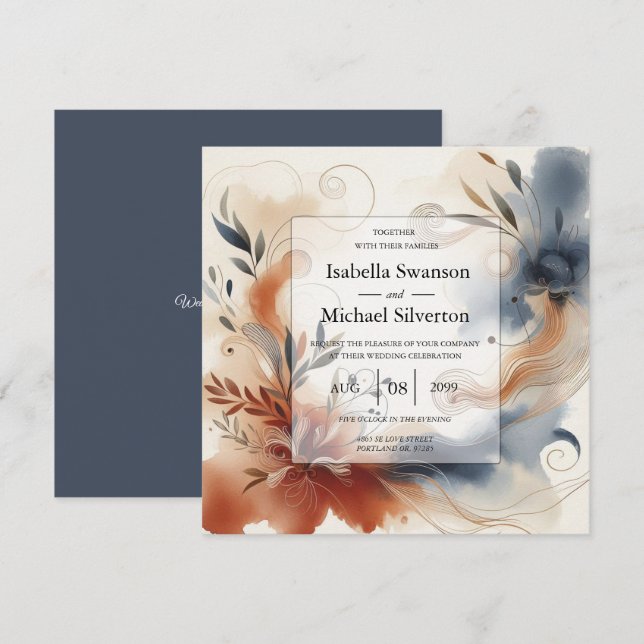Convites Terracotta Twilight and Navy Blooms Wedding (Frente/Verso)