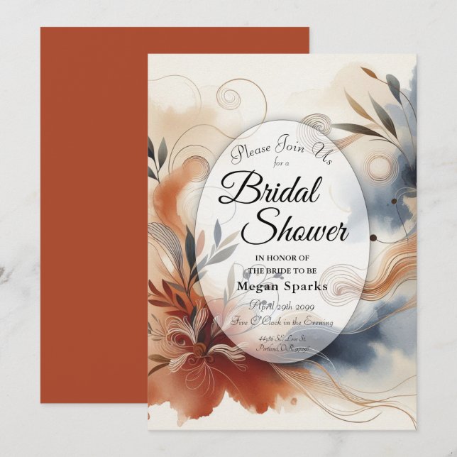 Convites Terracotta Twilight e Marinho Blooms Chá de panela (Frente/Verso)