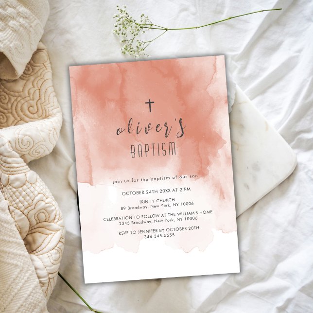 Convites Terracotta Watercolor Desert Cross Boy Baptism (Terracotta Watercolor Desert Cross Boy Baptism Invitation)