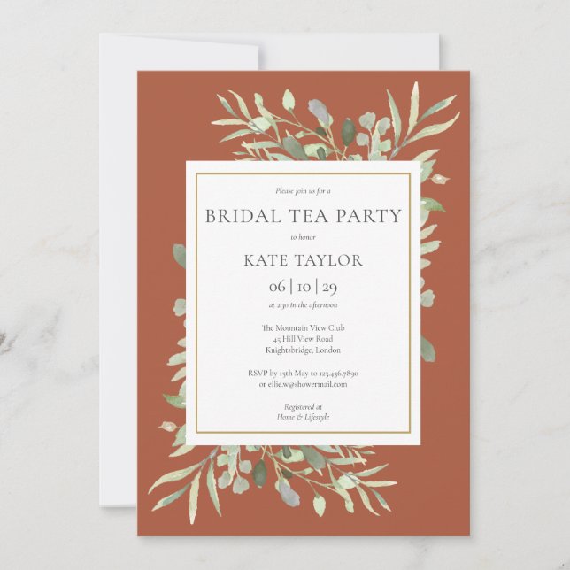 Convites Terracotta Watercolor Greenery Bridal Tea Party (Frente)