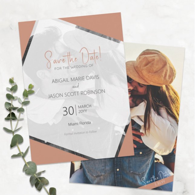 Convites Terracotta Wedding Save the Date with Color Photo (Modern Minimalist Terracotta Wedding Save the Date with Full-Color Photo)