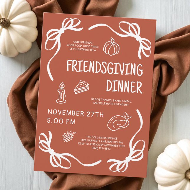 Convites Terracotta Whimsical Arco Amizade (Terracotta Whimsical Hand Drawn Bow Friendsgiving Invitation)