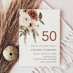 Convites Terracotta & White Boho Floral 50ª Festa de aniver