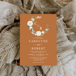Convites Terracotta & White Floral Monograma Wreath Casamen