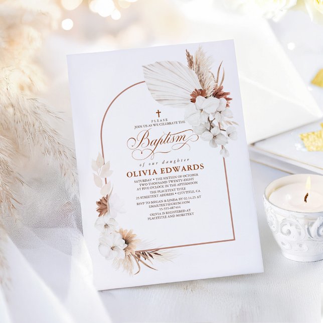 Convites Terracotta White Flowers Boho Chic Baptism (Boho Terracotta Floral Arch Baptism Invitations)